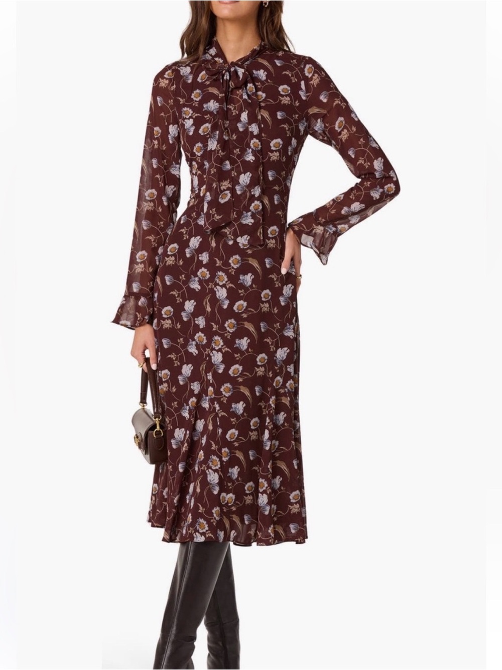 ASTR Brown & Blue Floral Tie-Neck Midi Dress NWT
